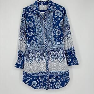 Anthropologie Shirt Dress Women SMALL Floral Print Boho Mini Short Preppy Blue